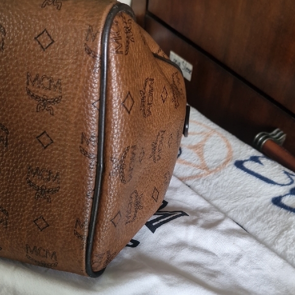 MCM Cognac Visetos Duffel Bag with Blue Stripe - Picture 12 of 16